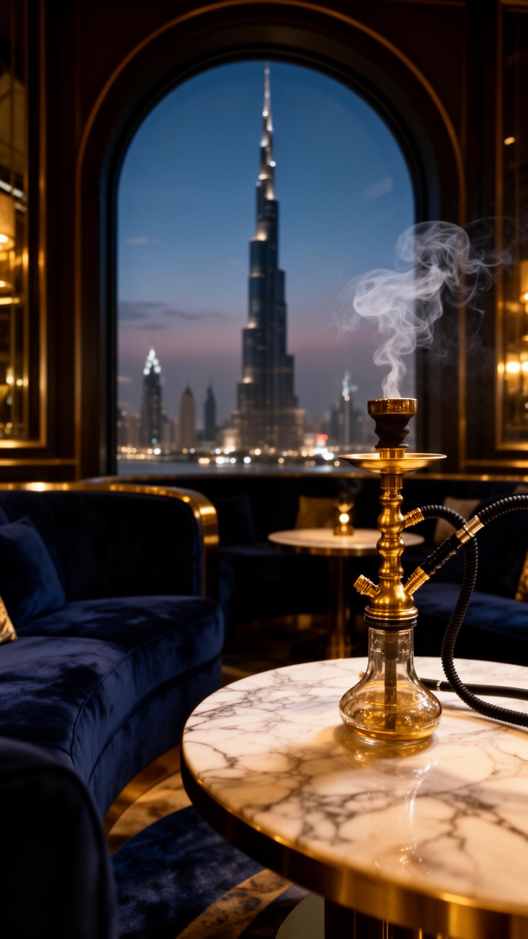 Al Manzil Café & Lounge — premium shisha lounge with Dubai skyline views